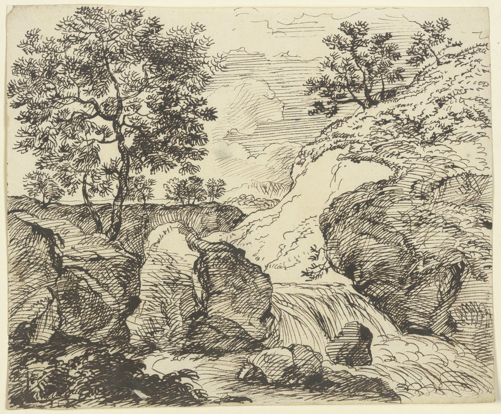 Erdrutsch an grasbewachsenem Hang an einem Fluss mit Wasserfall, Franz Innocenz Josef Kobell