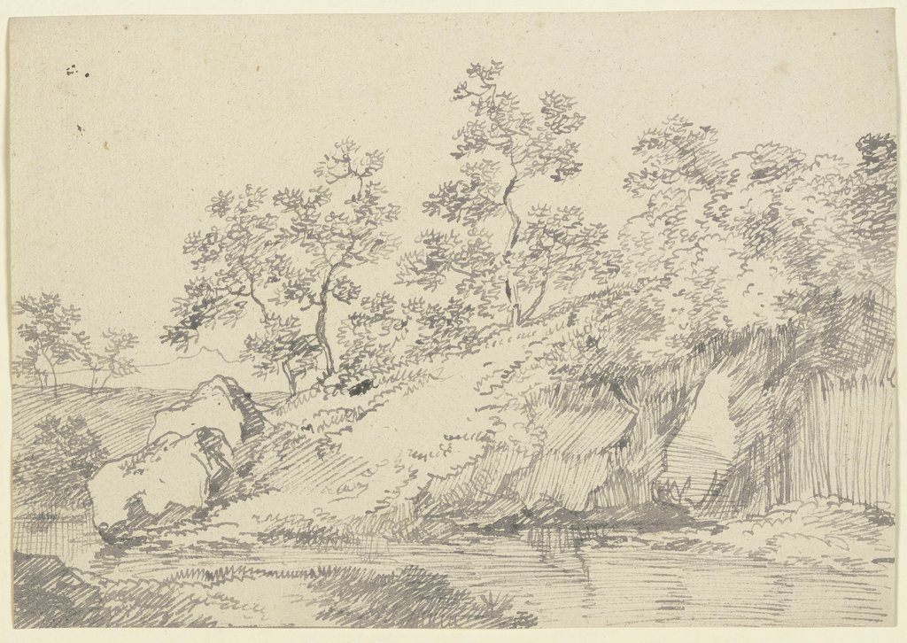 Felsbrocken an einer grasbewachsenen Uferböschung, Franz Innocenz Josef Kobell