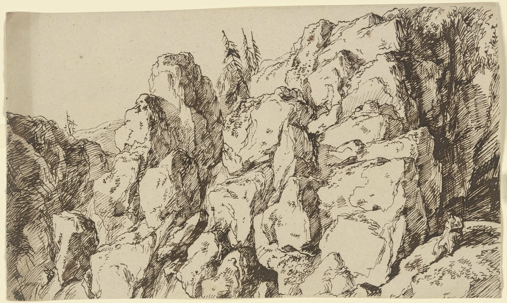 Zerklüftete Felswand, vorne rechts eine am Hang sitzende Gewandfigur, Franz Innocenz Josef Kobell