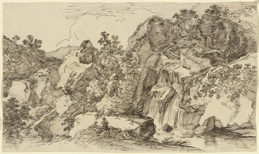 Zwei Wanderer am Wasserfall im Gebirge ruhend, Franz Innocenz Josef Kobell