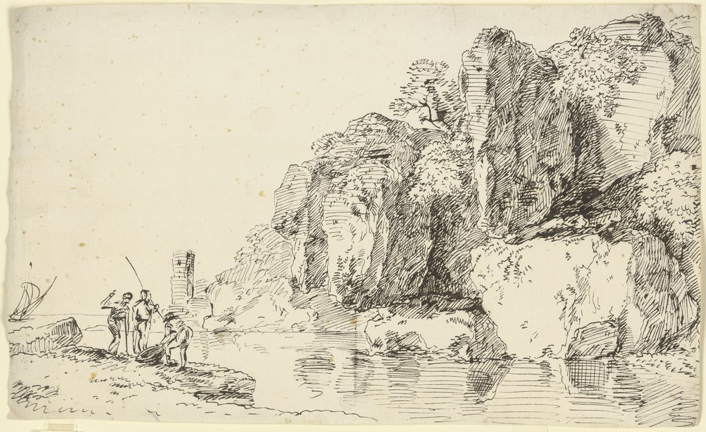 Felsküste mit Leuchtturm, im Vordergrund drei Fischer, Franz Innocenz Josef Kobell
