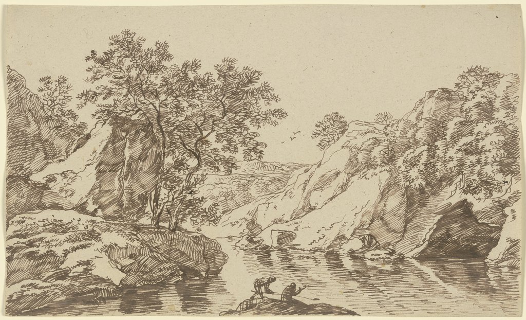 Felsige Flusslandschaft mit zwei Anglern, Franz Innocenz Josef Kobell