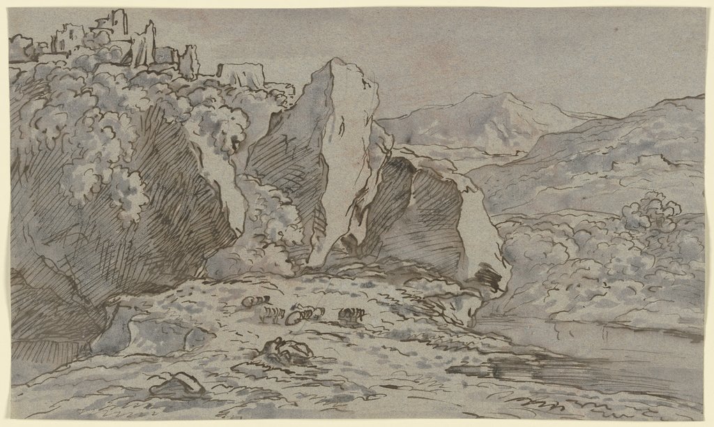 Ruinen auf einem Felssporn, davor eine weidende Herde, in einer Gebirgslandschaft, Franz Innocenz Josef Kobell