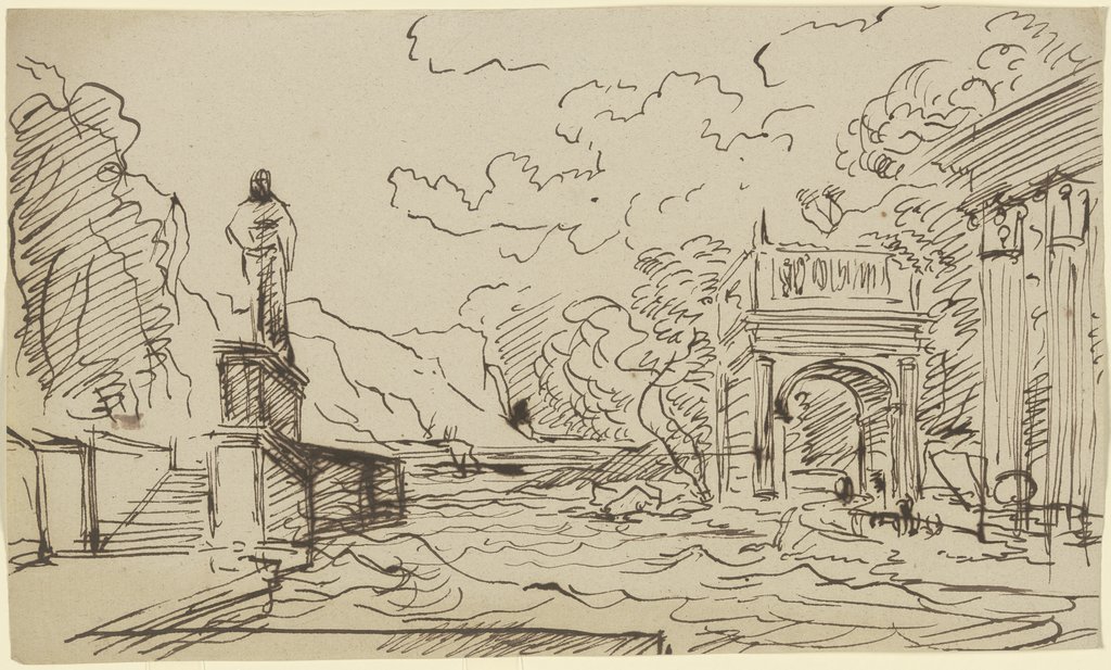 Antike Gebäude und eine Statue an einem Gewässer, Franz Innocenz Josef Kobell