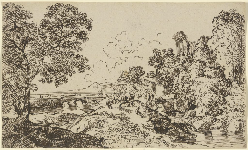 Flusslandschaft mit weidender Herde, im Mittelgrund eine Brücke und die Ruine eines Monopteros, Franz Innocenz Josef Kobell