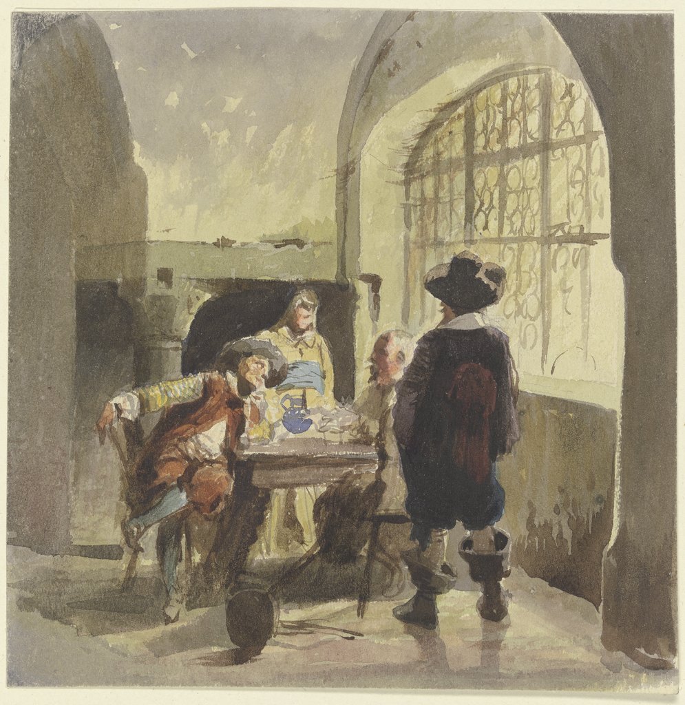 Drei Kriegsleute aus der Zeit des Dreißigjährigen Krieges in einem Gemach, dabei eine Frau, Eugen Klimsch