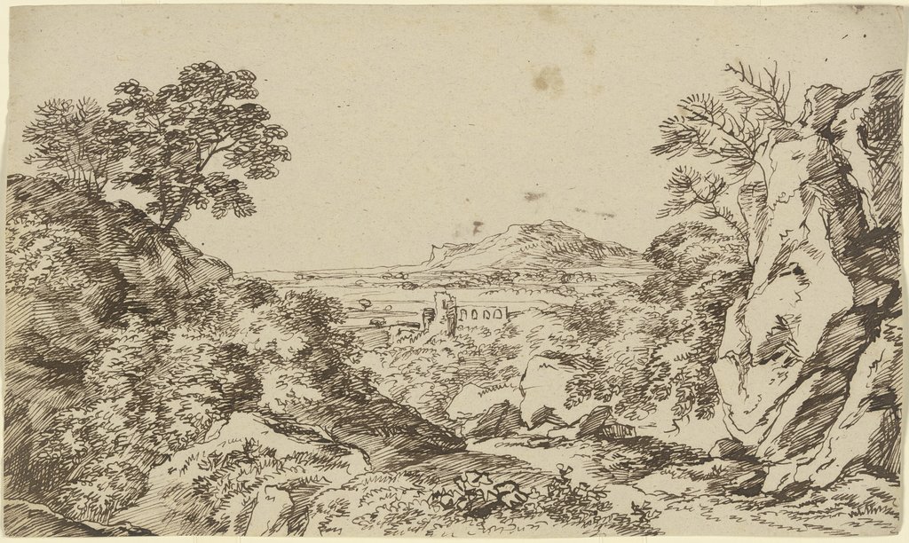 Ausblick auf eine Landschaft mit Burgruine im Mittelgrund, Franz Innocenz Josef Kobell