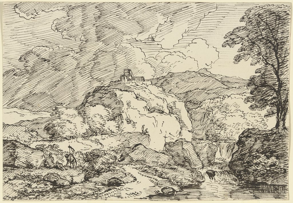 Berglandschaft mit einer Burg auf einem Felssporn und aufziehendem Gewitter, im Vordergrund zwei Wanderer, Franz Innocenz Josef Kobell