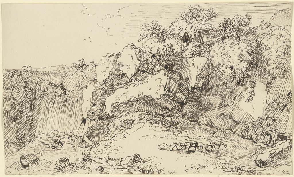 Weidende Schafe und Ziegen an einem Wasserfall, Franz Innocenz Josef Kobell
