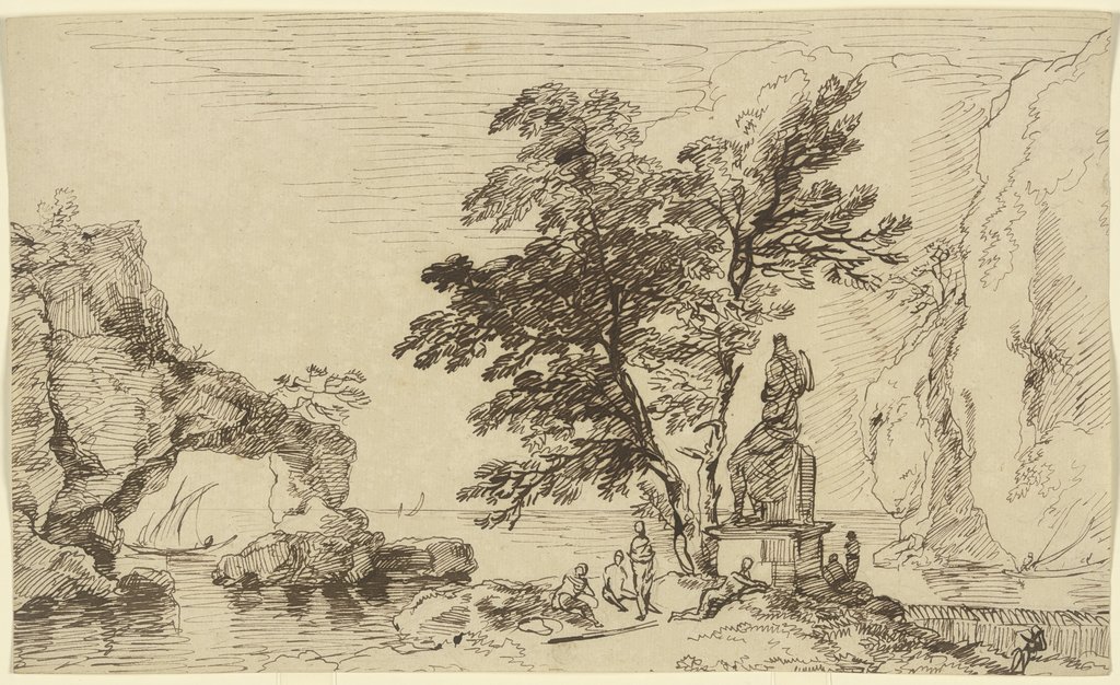 Felsküste mit Ausblick auf das Meer, im Vordergrund um eine überlebensgroße Statue lagernde Gestalten, Franz Innocenz Josef Kobell