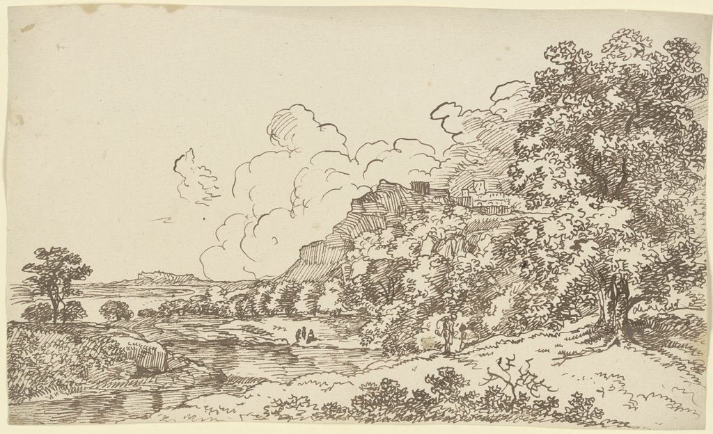 Landschaft mit Gewässer, rechts auf einem Berg eine Festungsanlage, Franz Innocenz Josef Kobell