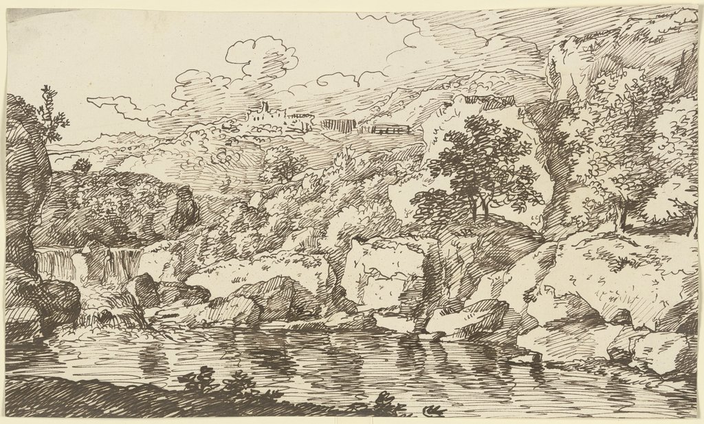 Gewässer, in der Ferne auf einem Berg eine festungsartige Anlage, Franz Innocenz Josef Kobell
