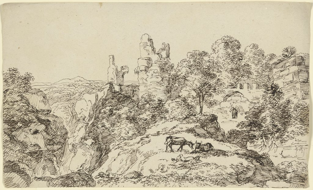 Bergige Landschaft mit Burgruine und weidenden Kühen, Franz Innocenz Josef Kobell