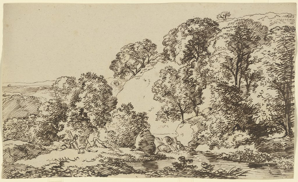Baumbestandener Hügel, im Vordergrund ein Gewässer mit lagernden Wanderern, Franz Innocenz Josef Kobell