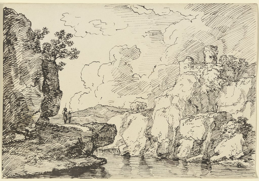 Gewässer, links auf dem Felsvorsprung zwei Wanderer, rechts auf dem Felssporn eine Burgruine, Franz Innocenz Josef Kobell