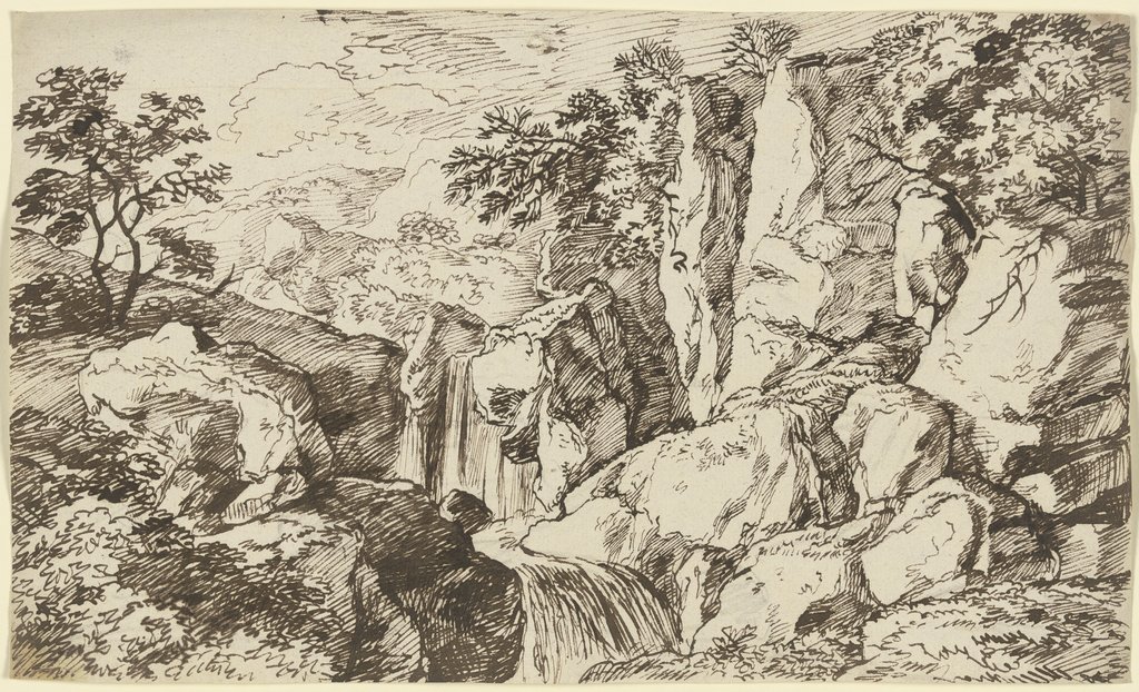 Wasserfall entlang einer Felswand im Gebirge, Franz Innocenz Josef Kobell