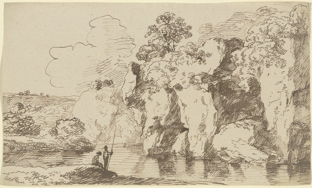 Felswand an einem Gewässer mit zwei Anglern, Franz Innocenz Josef Kobell