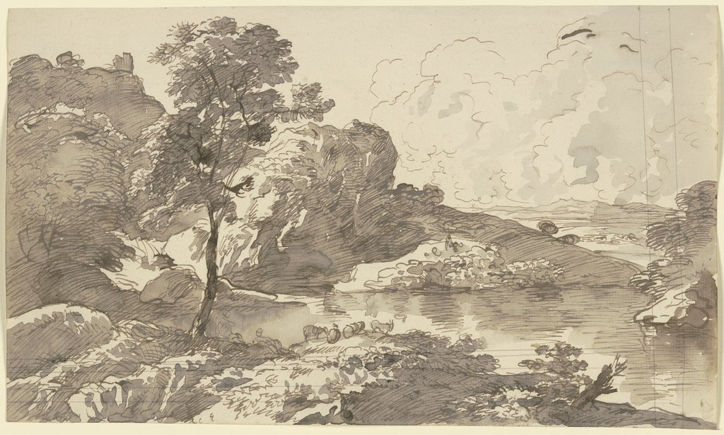 Hügellandschaft mit Gewässer und weidenden Ziegen, Franz Innocenz Josef Kobell