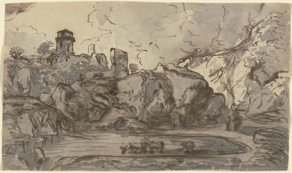 Burgruine an einem Gewässer, in dem Kühe stehen, Franz Innocenz Josef Kobell