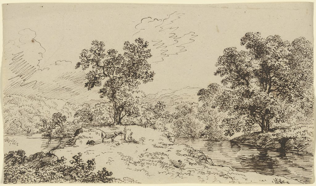 Flusslandschaft, im Vordergrund zwei Gestalten mit einem ins Joch gespannten Ochsen, etwas ziehend, Franz Innocenz Josef Kobell