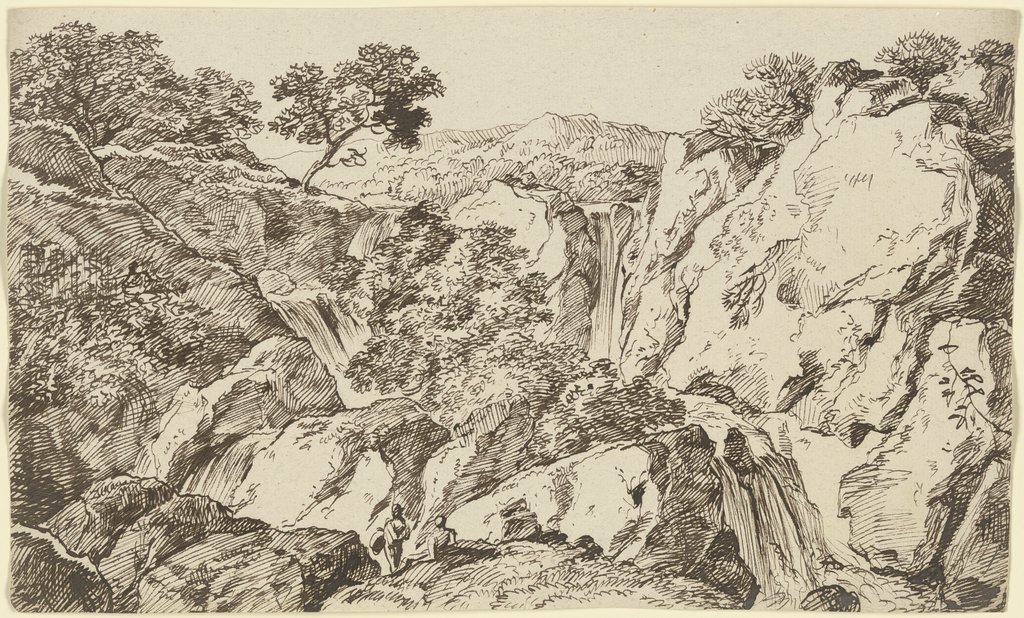 Felsschlucht mit zusammenlaufenden Wasserfällen, Franz Innocenz Josef Kobell