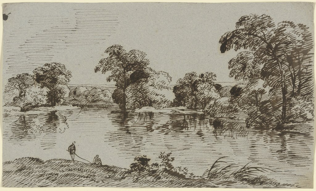 Gewässer mit baumbestandenem Ufer, im Vordergrund zwei Angler, Franz Innocenz Josef Kobell