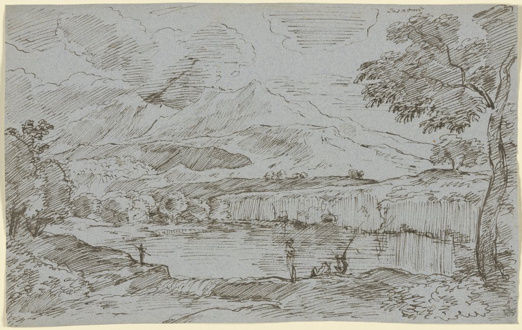 Gewässer mit Anglern und einer Wäscherin, im Hintergrund ein Gebirge, Franz Innocenz Josef Kobell