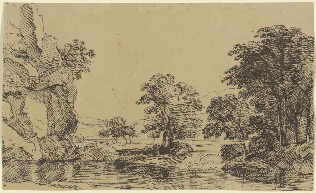 Felswand an einem Gewässer, rechts Ausblick auf Bäume und Berge, Franz Innocenz Josef Kobell