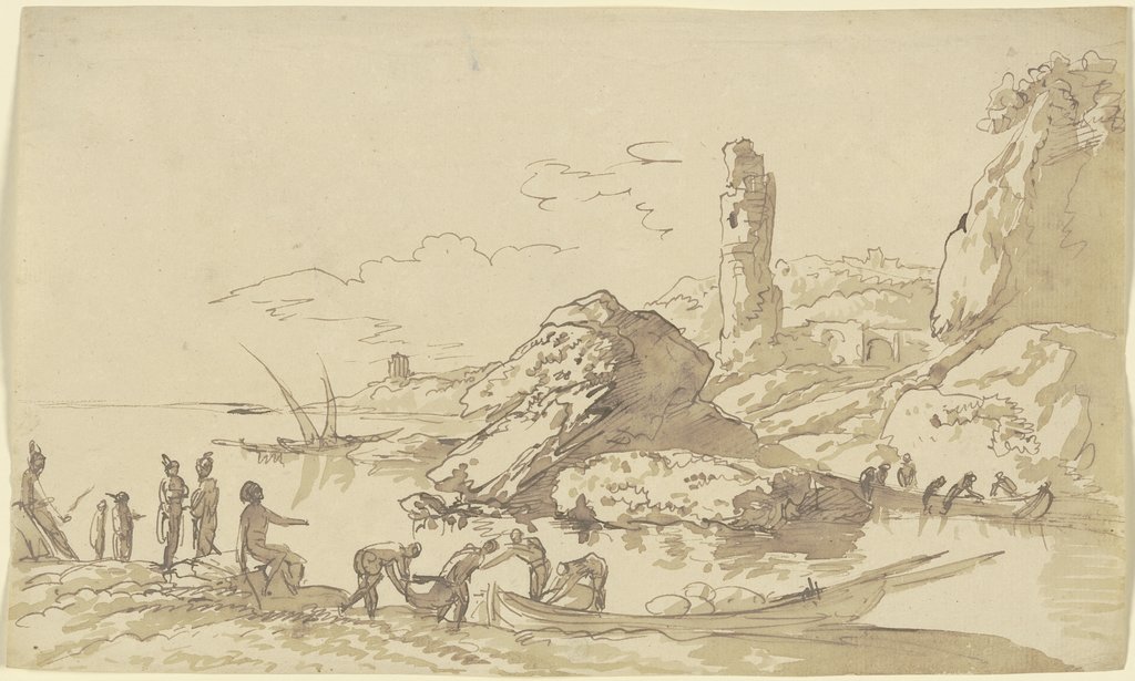 Meeresufer, im Vordergrund Männer, die ein Boot beladen, im Mittelgrund die Ruine eines Turms, im Hintergrund eine Tempelruine, Franz Innocenz Josef Kobell