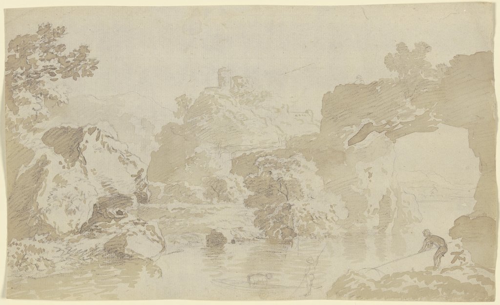 Flusslandschaft mit Felsentor, Anglern einer Burg im Mittelgrund, Franz Innocenz Josef Kobell