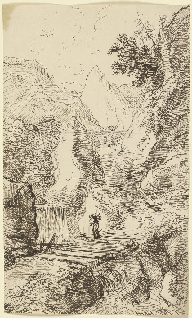 Gebirgslandschaft mit einem Wasserfall, im Vordergrund überquert ein Wanderer eine Holzbrücke, Franz Innocenz Josef Kobell
