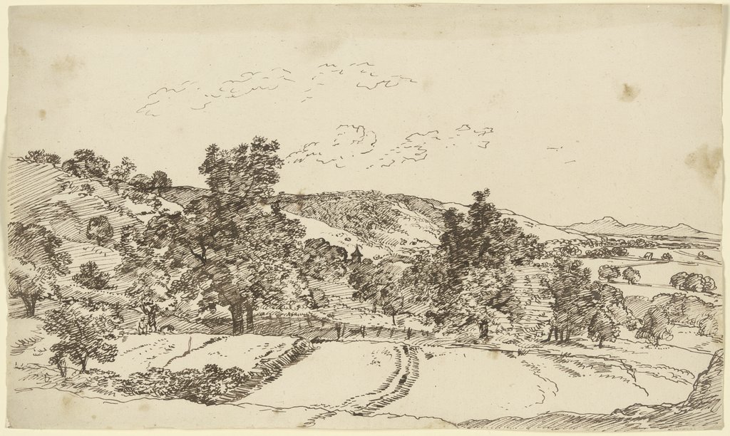 Hügellandschaft mit Feldern und einem von Bäumen verdeckten Dorf, Franz Innocenz Josef Kobell