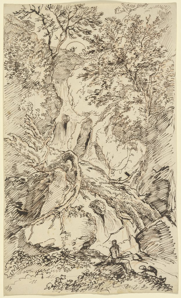 Zerborstene Baumstämme in einer Felsschlucht mit Wasserfall, davor ein rastender Wanderer, Franz Innocenz Josef Kobell