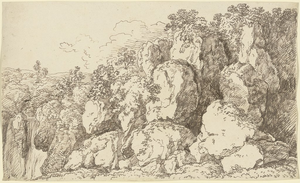 Bewachsene Felspartie, links ein Wasserfall, Franz Innocenz Josef Kobell
