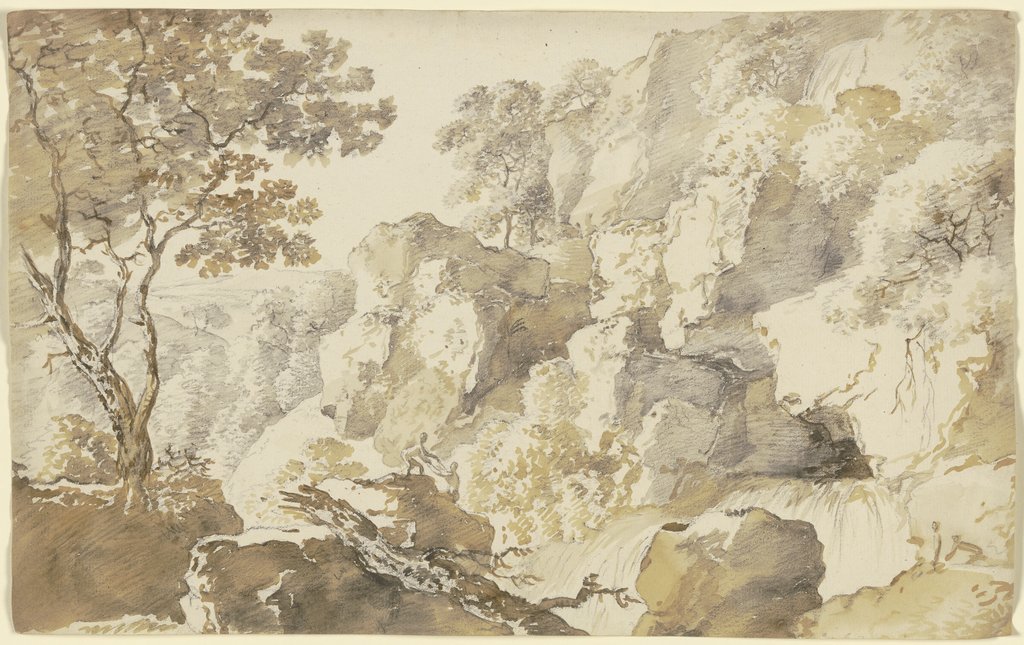 Baumbestandene Felslandschaft mit Wasserfall und zwei Wanderern, die einander beim Anstieg helfen, Franz Innocenz Josef Kobell