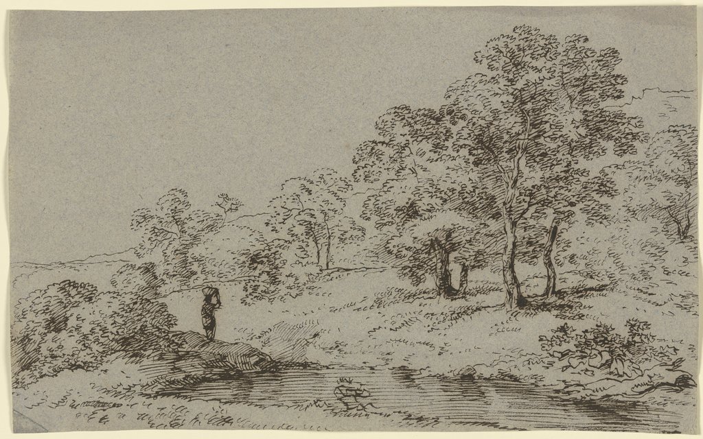 Wiesenlandschaft mit einem Gewässer und einer Wäscherin, Franz Innocenz Josef Kobell