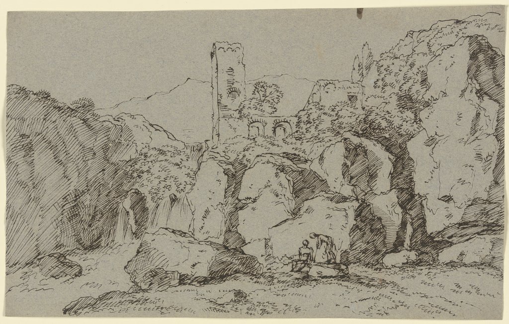 Kirchen- oder Burgruine auf einem Felsen mit Wasserfall, Franz Innocenz Josef Kobell