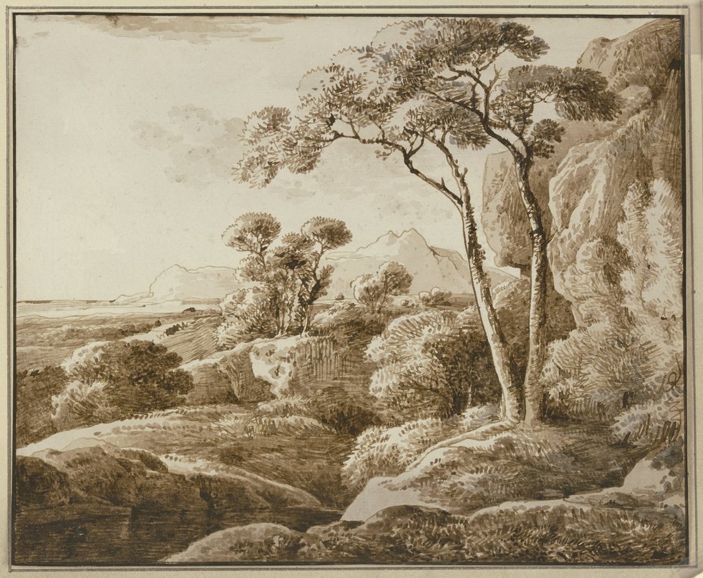 Landschaft mit Bäumen und Ausblick auf ein Gebirge, Franz Innocenz Josef Kobell