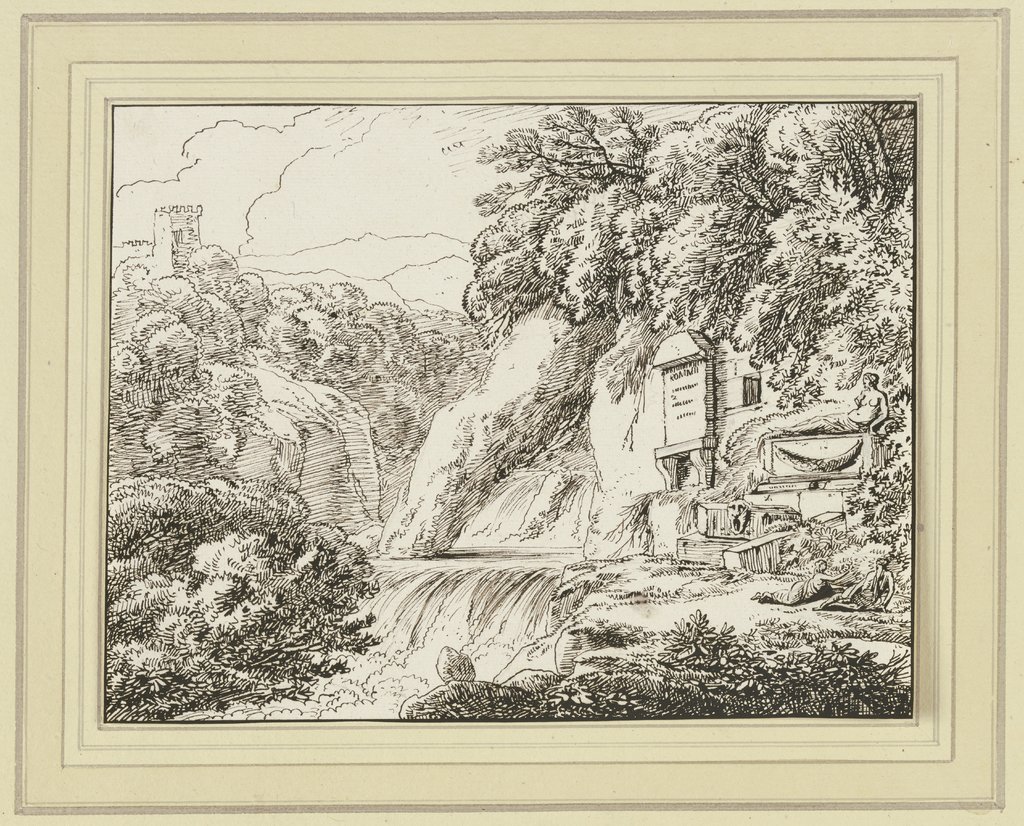 Landschaft mit Wasserfall, rechts ein Epitaph sowie ein Sarkophag, Franz Innocenz Josef Kobell