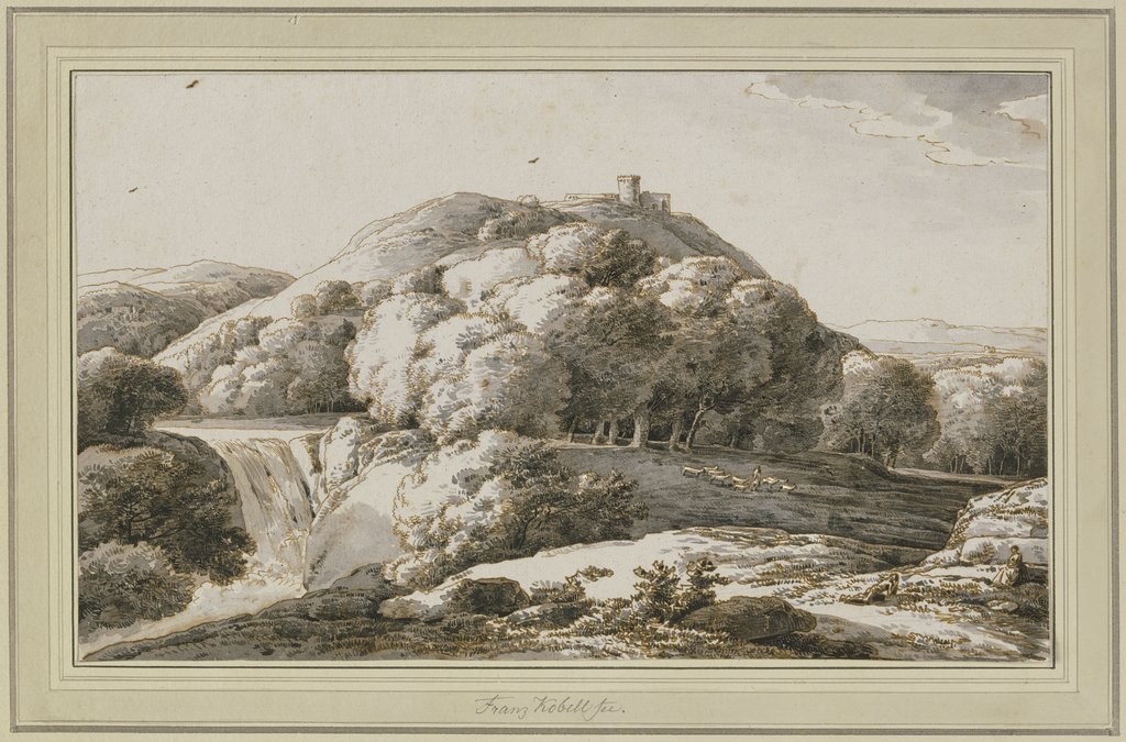 Landschaft mit einem Wasserfall im Schräglicht von links, Franz Innocenz Josef Kobell