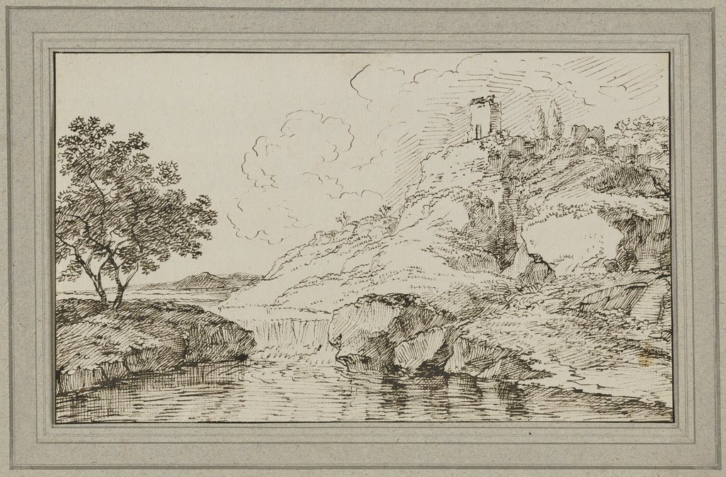 Landschaft mit Wasserfall, rechts auf dem Berg eine Ruine, Franz Innocenz Josef Kobell