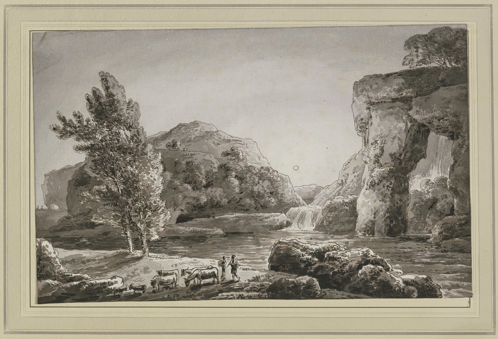 Ideallandschaft mit Wasserfall und einer Viehherde mit zwei Hirten, Franz Innocenz Josef Kobell