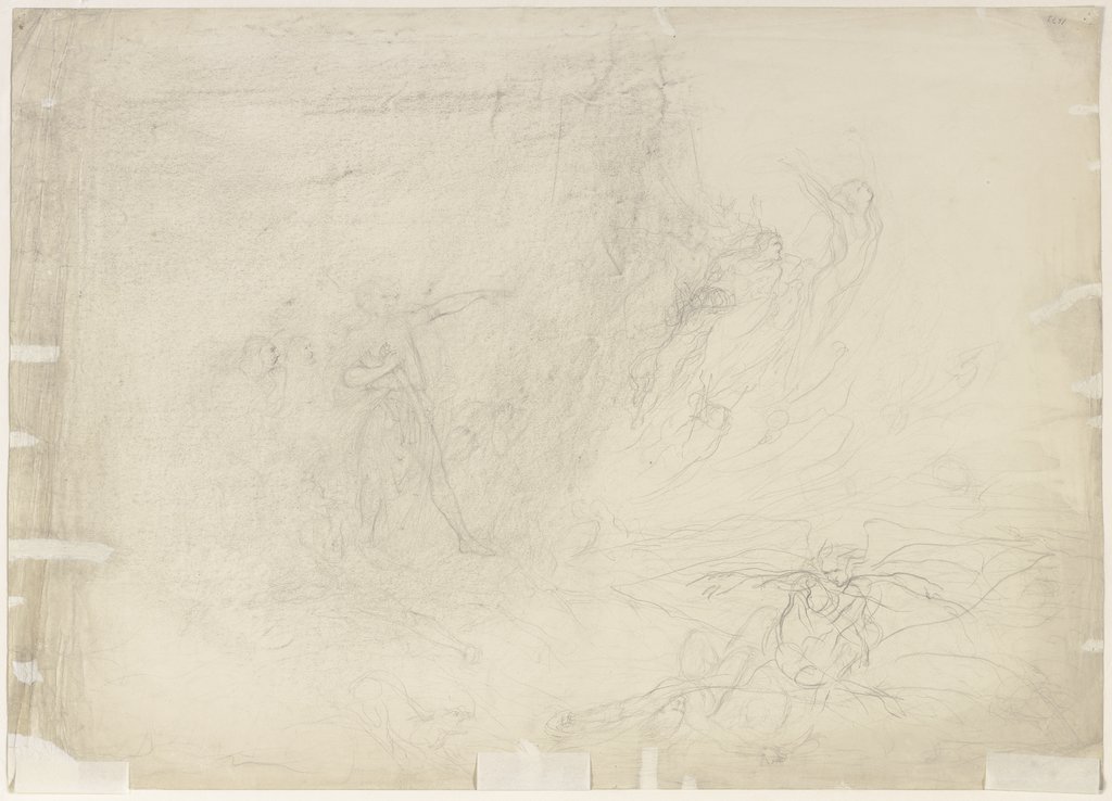 Der Hadesrichter Minos zeigt Dante und Vergil die im zweiten Höllenkreis im Sturm umher gejagten Wollüstigen, unten rechts Francesca und Paolo, Victor Müller