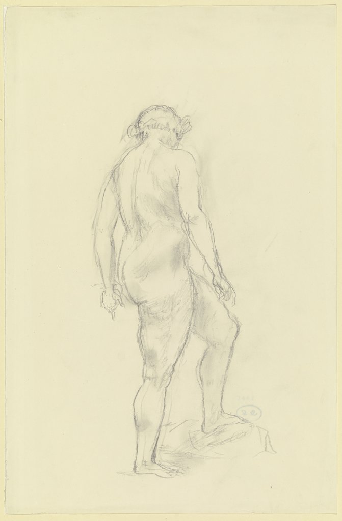 Stehender weiblicher Akt nach rechts, den Oberkörper vom Betrachter abgewandt, den linken Fuß auf einer Erhebung abstellend, Wilhelm Rietschel