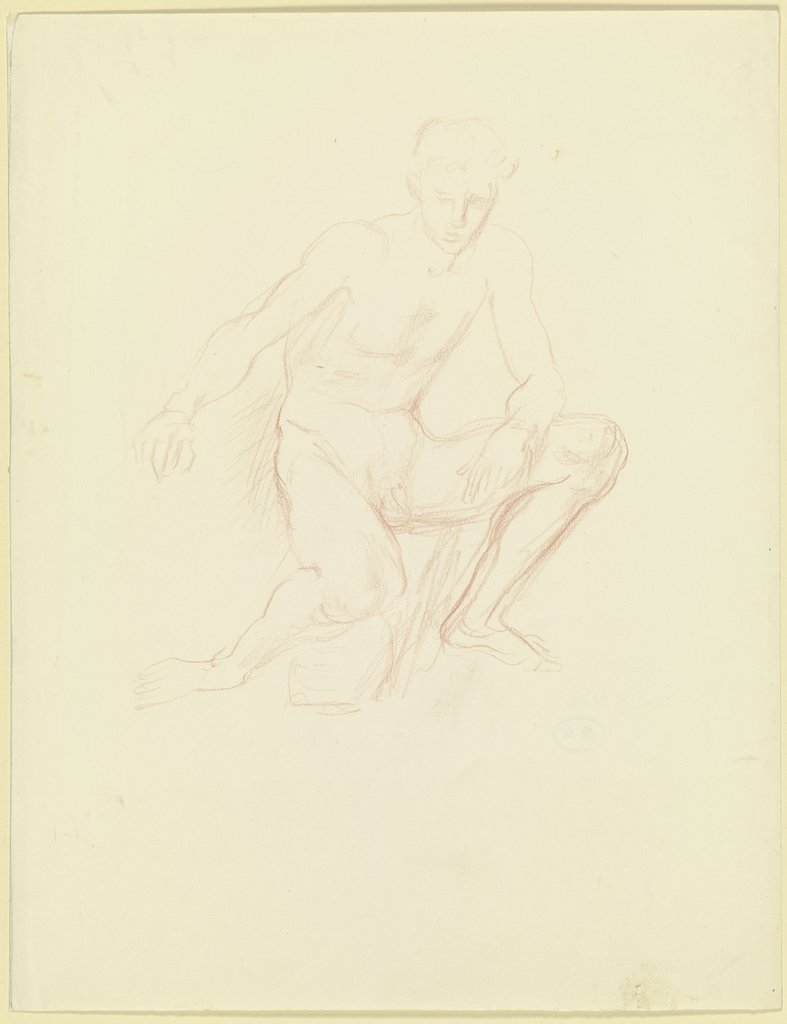 Hockender Jünglingsakt, das rechte Knie auf einen Stein stützend, Wilhelm Rietschel
