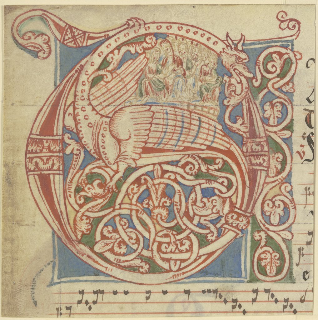 Initiale C oder G, Ornament mit geflügltem Drachen (verso Textfragment), Rheinisch, 13. Jahrhundert;   ?