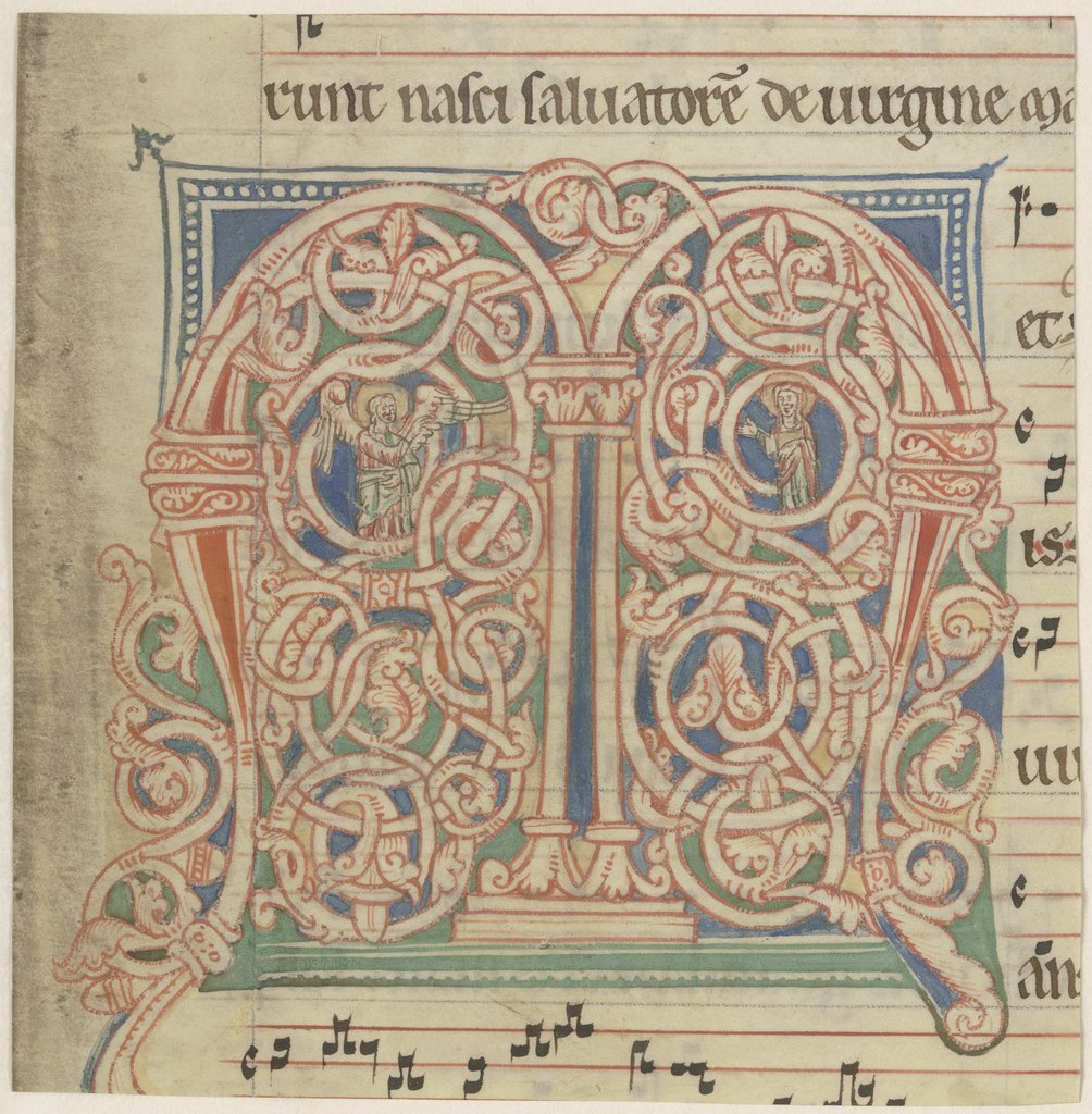 Initial M, Ornament mit Verkündigung an Maria (verso Textfragment), Rhenish, 13th century;   ?