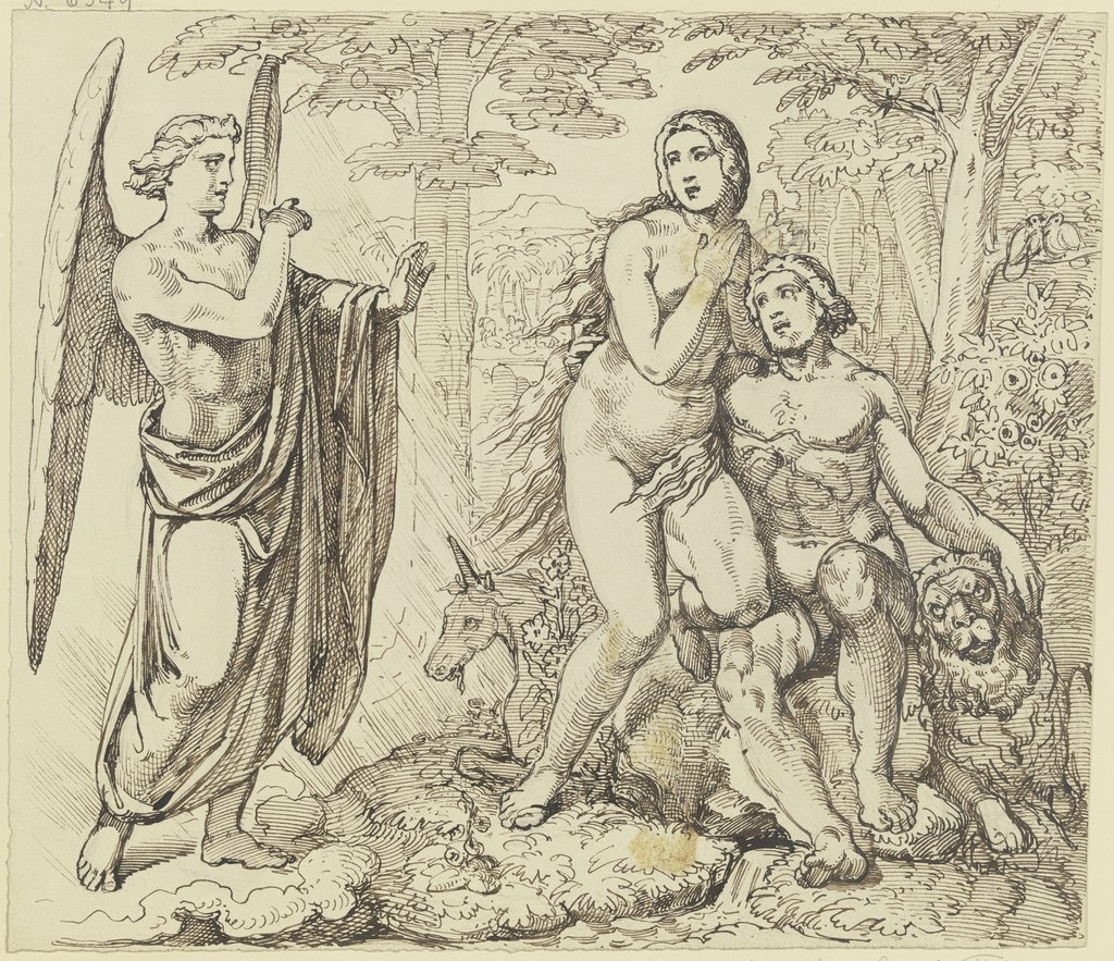 Ein Engel überbringt Adam und Eva Gottes Verbot, vom Baum der Erkenntnis des Guten und Bösen zu essen, Ferdinand Fellner