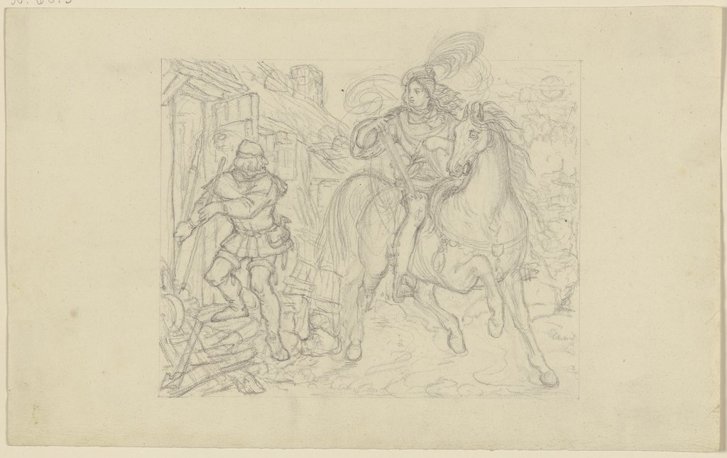 Ungedeutete Szene: Ein Ritter mit Armbrust an einer Hütte haltend, ein Knappe betritt diese, Ferdinand Fellner