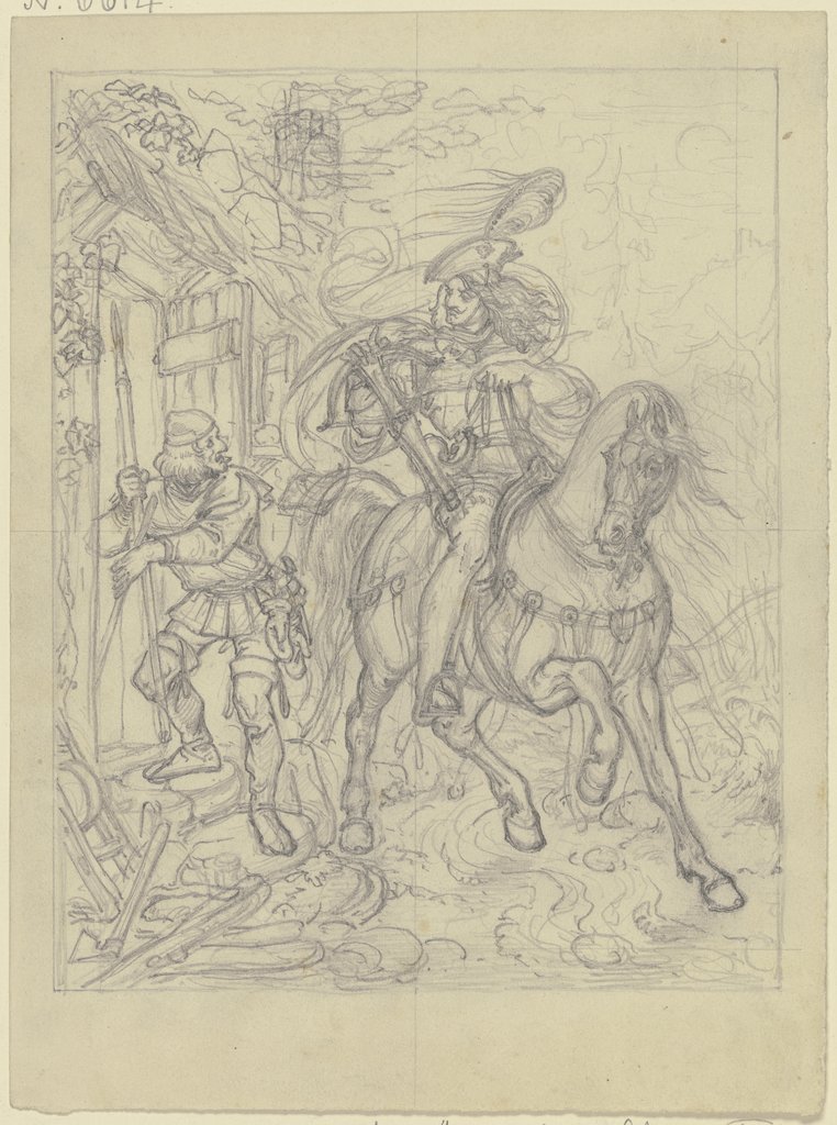Ungedeutete Szene: Ein Ritter mit Armbrust an einer Hütte haltend, ein Knappe betritt diese, Ferdinand Fellner